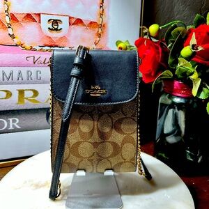 COACH Signature Canvas and Leather Crossbody Phone Bag in Brown/Black